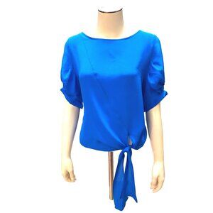 CCC Silk Tie Knot Blouse Cobalt Royal Blue Crew Neck Size Extra Small Petite